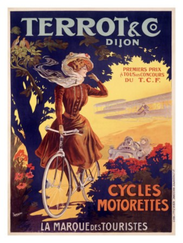Ein Plakat, das eine Fahrradtour in Frankreich ankündigt und eine Frau zeigt, die zwischen Bäumen und Blumen mit anderen Radfahrern fährt und Text, der die Tour beschreibt.