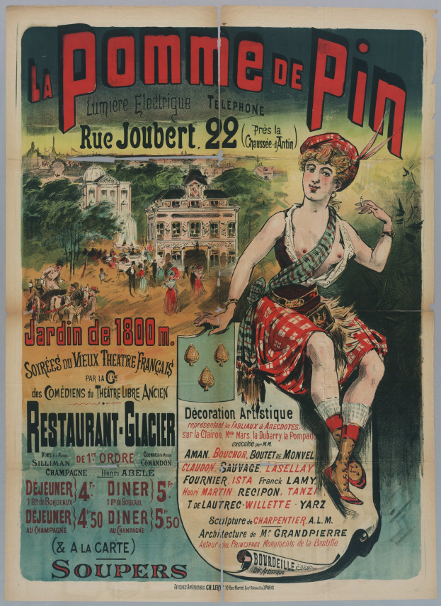 Plakat für eine 'pomme de pin'-Veranstaltung in Paris, das eine Frau in einem Kilt umgeben von Menschen, Bäumen und Gebäuden zeigt.