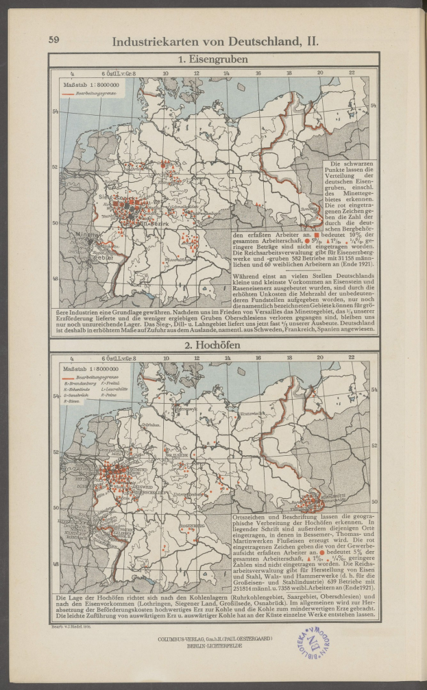 Ein aufgeschlagenes Buch, das eine detaillierte Karte von Deutschland zeigt, mit geografischen Merkmalen wie Flüssen, Bergen und Städten, begleitet von Text, der zusätzliche Informationen bietet.