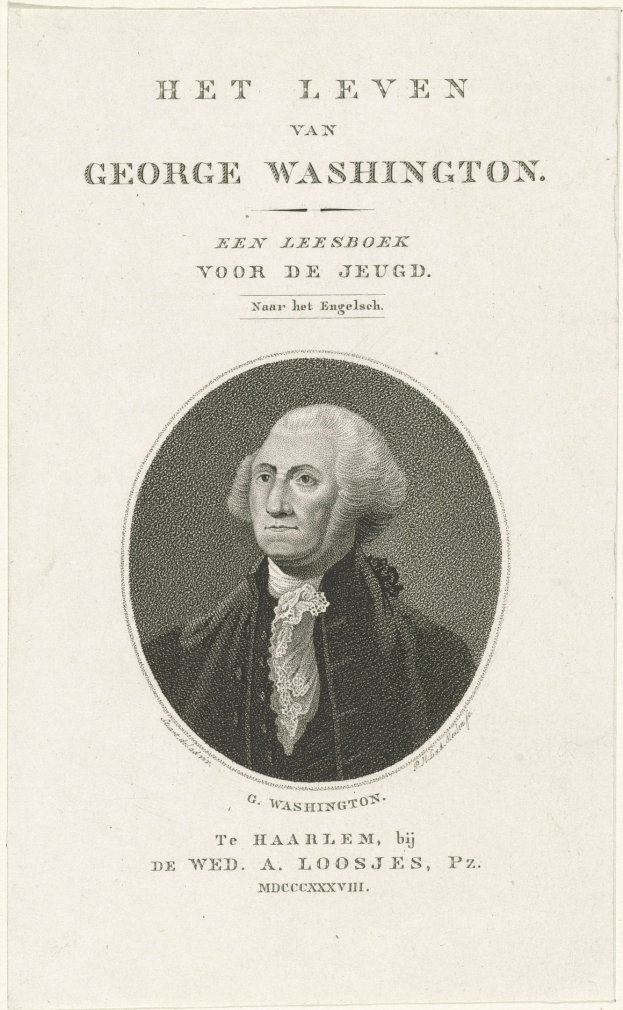 Porträt von George Washington mit ernster Miene, in Anzug und Krawatte, frontal mit zurückgekämmtem Haar.