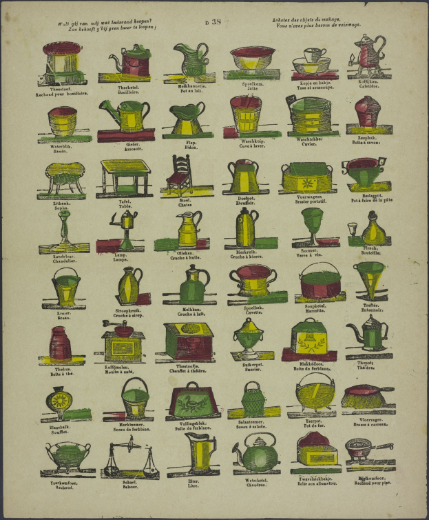 Ein Plakat mit ordentlich angeordneten, farbenfrohen Illustrationen von Küchenutensilien, einschließlich Töpfen, Pfannen und Geräten mit fetter Schrift.