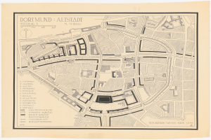 Detailiertes altes Stadtplan von Dortmund, Deutschland, der Straßen, Gebäude, Sehenswürdigkeiten und textuelle Informationen auf einem weißen Hintergrund zeigt.