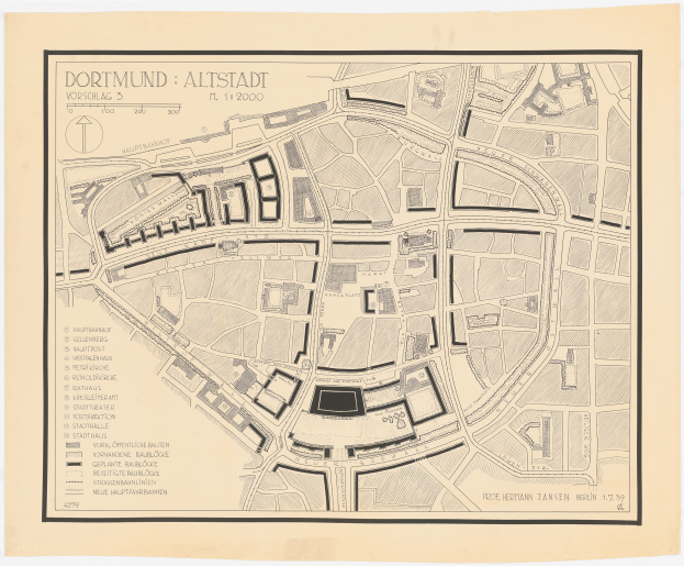 Detailiertes altes Stadtplan von Dortmund, Deutschland, der Straßen, Gebäude, Sehenswürdigkeiten und textuelle Informationen auf einem weißen Hintergrund zeigt.