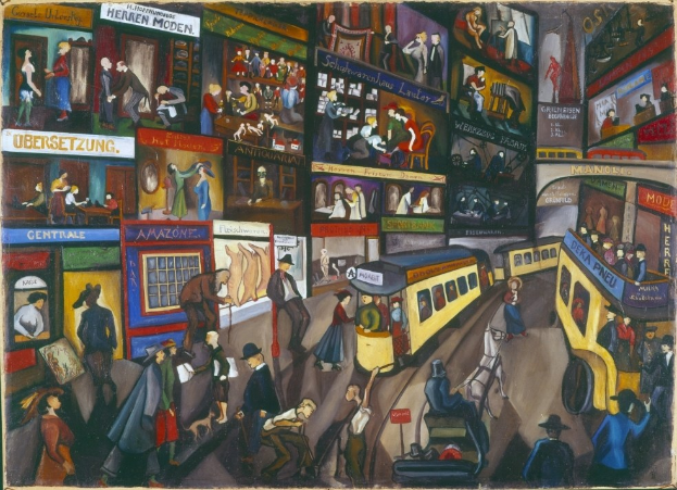 Ein Gemälde, das eine belebte Stadtstraße mit Fußgängern, Fahrzeugen, Gebäuden, Geschäftsfronten und Schildern zeigt.