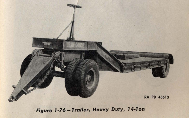 Schwarzes und weißes Foto eines Schwerlastanhängers mit einer Tragfähigkeit von 14 Tonnen, das unten zusätzliche Textinformationen enthält.