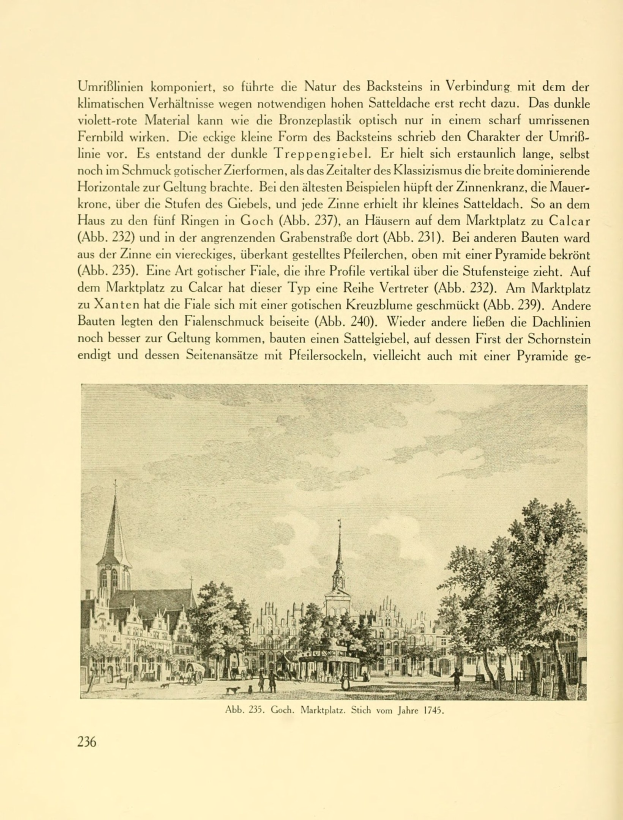 Offenes Buch mit einer Stadtansicht-Illustration, die Gebäude, Bäume und Menschen enthält, begleitet von Text.