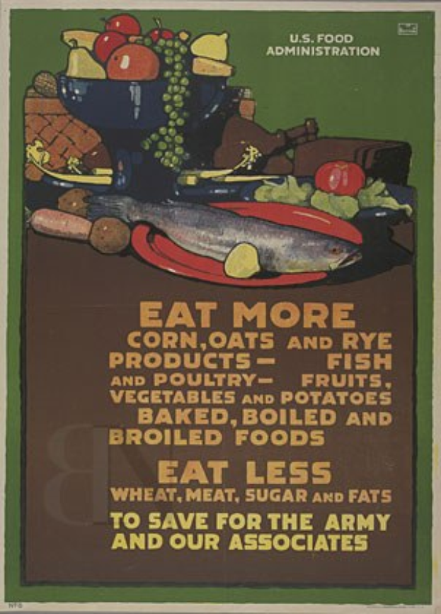 Plakat mit Bildern von Obst, Gemüse und einem Fisch mit der Aufschrift "Mehr Mais, Hafer und Roggenprodukte essen" zur Förderung gesunder Lebensmittel für die Armee und Verbündete.