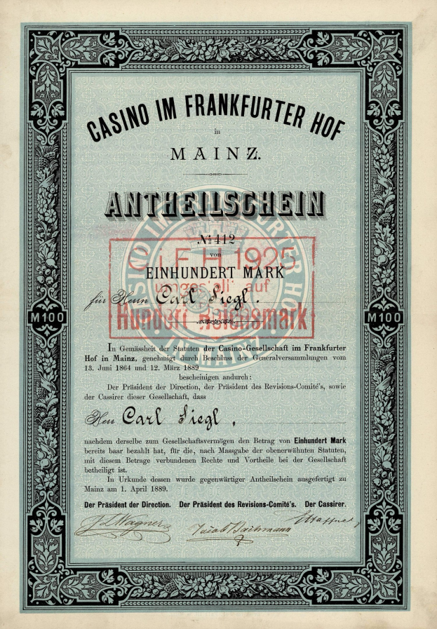 Altes Aktienzertifikat mit schwarzem Rand und rotem Stempel, Text lautet "Casino im Frankfurter Hof Mainz".