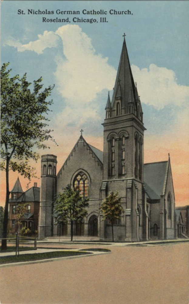 St. Nikolaus-Katholische Kirche in Roseland, Chicago, Illinois, dargestellt auf einer alten Postkarte mit umliegenden Gebäuden, Bäumen und einem bewölkten Himmel, mit Text oben.