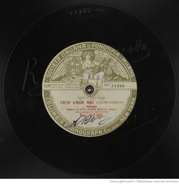 Schwarze Vinyl-Schallplatte mit goldenem Etikett, das "Vieni Amor Mio" und ein Personenbild zeigt.