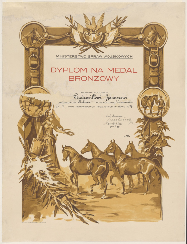 Ein Plakat mit galoppierenden Pferden in einem Feld bei Sonnenuntergang mit dem Text "Dyplom na Medal Bronzowy", wahrscheinlich bewirbt eine Medaillenzeremonie.