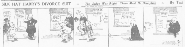 Cartoon-Illustration eines Mannes in einem schwarzen Anzug mit weißem Hemd und schwarzer Krawatte und einer Frau in einem eleganten Kleid mit einem schwarzen Schal, beide mit ernsten Gesichtern, beschriftet mit 'Scheidungsklage'.