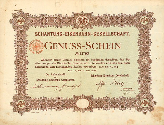 Alter deutscher Genuss-Schein-Actienchein mit deutschem Regierungs-Text und Design-Elementen.