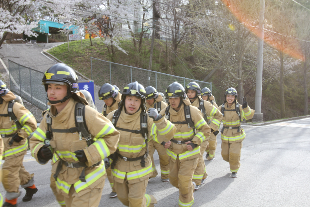Feuerwehrleute in Helmen gehen eine baumbestandene Straße mit Masten, Drähten und Maschendrahtzaun entlang, mit Gebäuden und einem klaren blauen Himmel im Hintergrund.