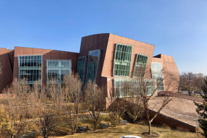 Großes Gebäude mit zahlreichen Fenstern, umgeben von Bäumen, Bänken, Gras und einem Laternenmast, mit anderen Gebäuden und einem klaren blauen Himmel im Hintergrund; als der neue Campus der University of Illinois at Chicago identifiziert.