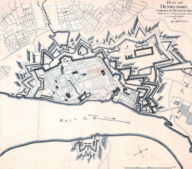 Detailierte Stadtplan-Poster von Düsseldorf, Deutschland, mit Straßen, Gebäuden, Sehenswürdigkeiten und Text mit Bevölkerungszahl, Geschichte und kulturellen Informationen.