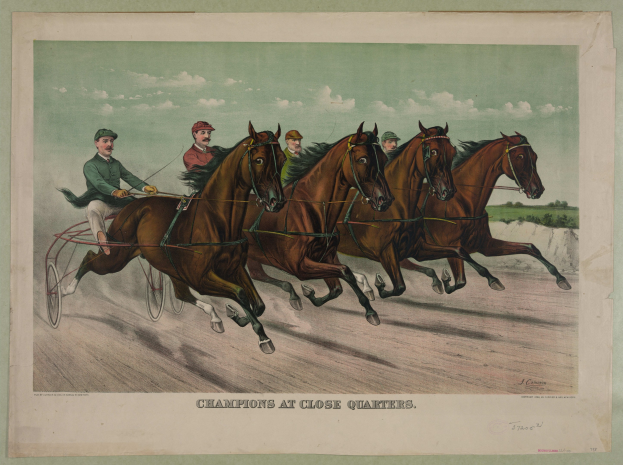 Gruppe von Menschen, die in einer Pferdekutsche um die Wette fahren, umgeben von Bäumen und einem klaren blauen Himmel, mit dem Text "Champions at Close Quarters" unten.
