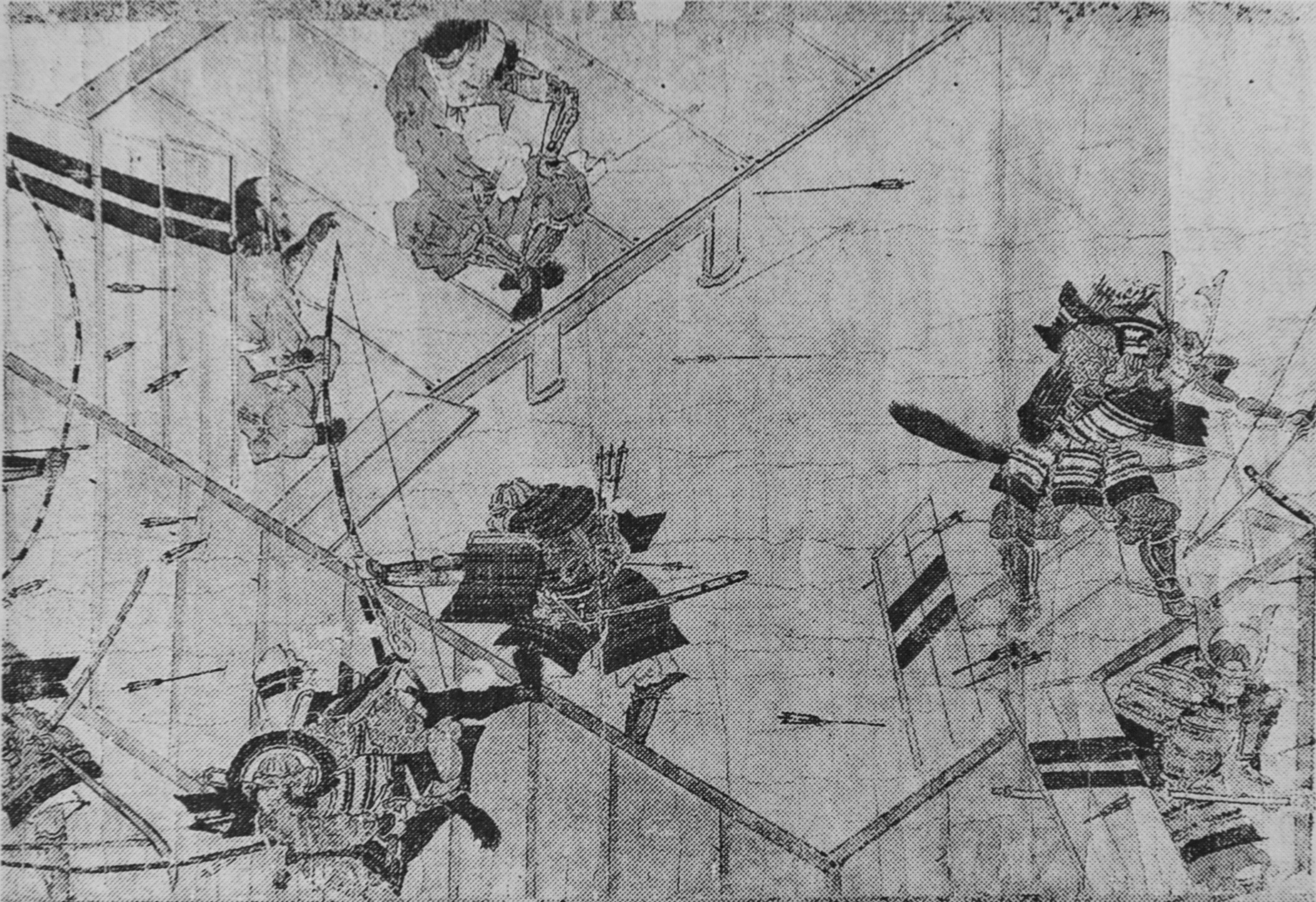 Schwarze und weiße Zeichnung einer Gruppe von Menschen in einem Raum, die in eine Schlacht verwickelt sind, mit gezückten Schwertern und erhobenen Schilden, die Spannung und Intensität vermitteln.