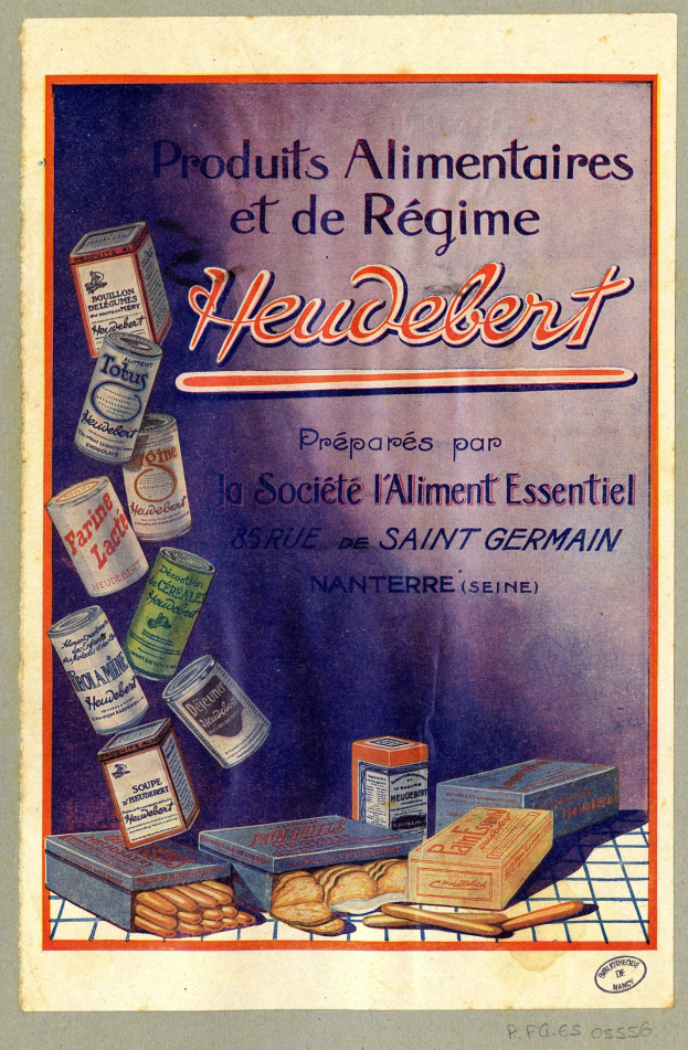 Plakat mit der Aufschrift "Heidelberg - Produkte für Ernährung und Diät Heidelberg" zeigt verschiedene Lebensmittel und Verpackungen.