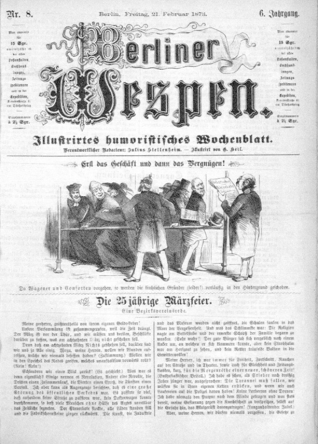 Alte deutsche Zeitung "Berliner Wespen" vom 21. Februar 1873 mit einer Gruppe von Menschen in traditioneller deutscher Kleidung, die sich unterhalten.