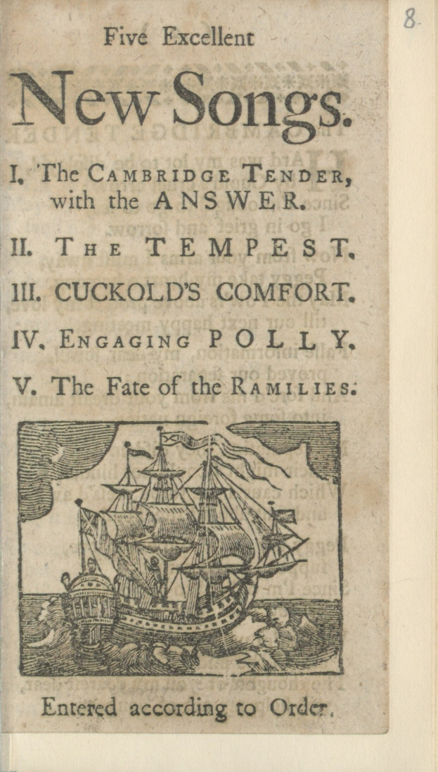 Altes Buchcover mit einem Schiff, das auf Wasser unter einem blauen Himmel segelt, mit der Überschrift "Fünf ausgezeichnete neue Lieder" oben.