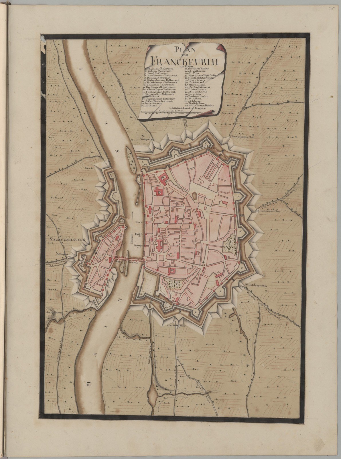 Altes Buch mit detaillierter Karte von Frankfurt, Deutschland, das Straßen, Gebäude und Sehenswürdigkeiten zeigt, begleitet von beschreibendem Text.