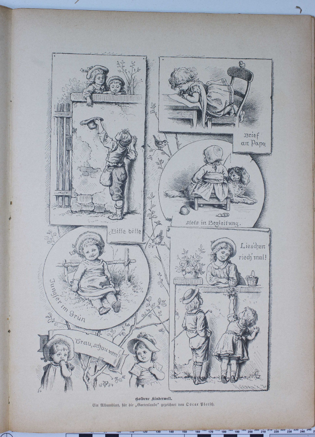 Ein aufgeschlagenes Buch auf einer flachen Oberfläche zeigt eine Zeichnung von Kindern, die in einem üppigen grünen Garten spielen, mit Bäumen und Sträuchern im Hintergrund.