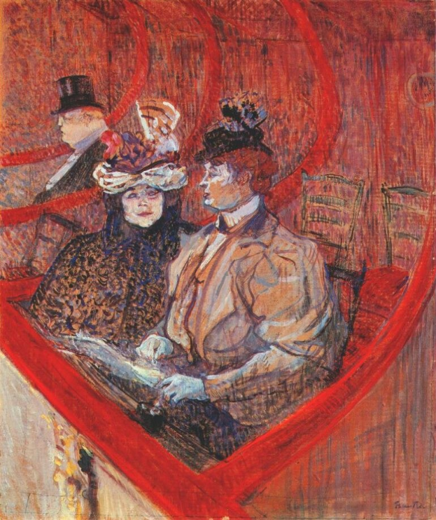 Gemälde mit dem Titel "Die Oper" von Edouard Manet, das zwei formell gekleidete Personen an einem Tisch in einem Raum mit gemustertem Tapeten, einem großen Fenster mit Blick auf eine Stadt skyline und einem hellen Teppich zeigt.
