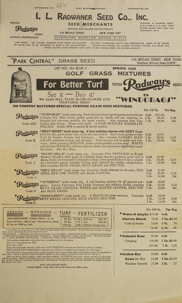 Alte Anzeige für Radway's Seed Co. Inc. auf altem Papier mit Text, der die Dienstleistungen des Unternehmens beschreibt.
