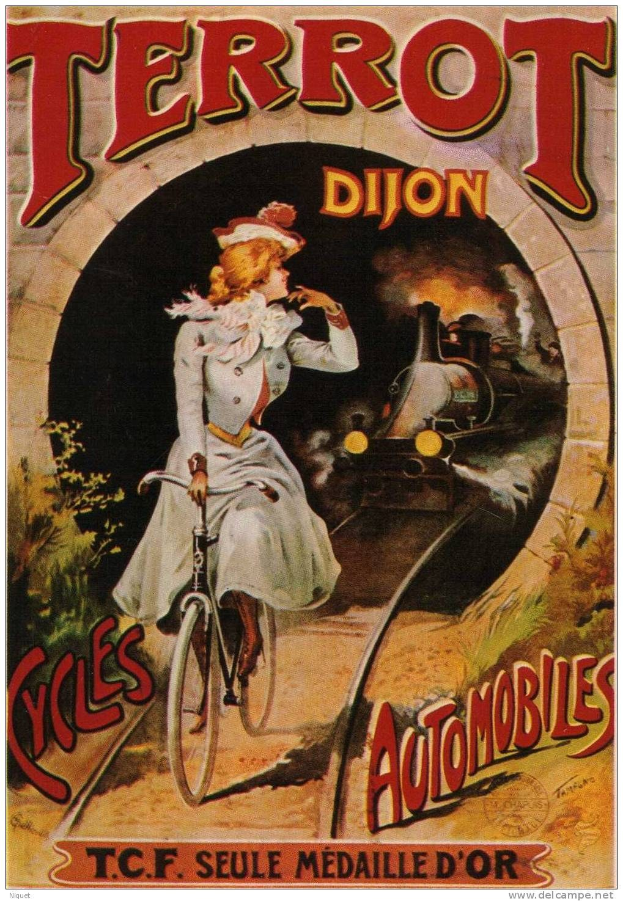 Vintage-Plakat für Terrot Dijon Fahrräder, das eine Frau in einem weißen Kleid und Hut zeigt, die neben einem hellgelben Zug fährt.