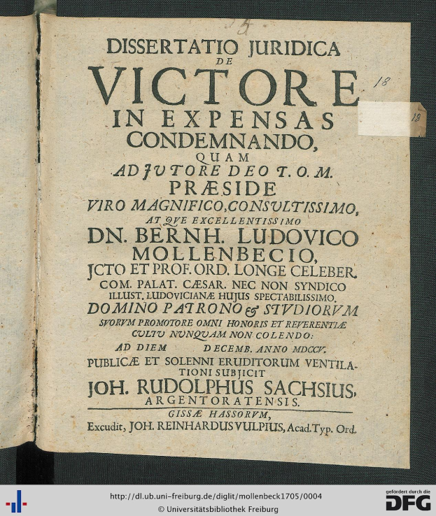 Offenes Buch mit dem Titel "Dissertation Juridica de Victore in Expensas Condemando" und sichtbarem Text, der auf gerichtliche Dokumente hinweist.