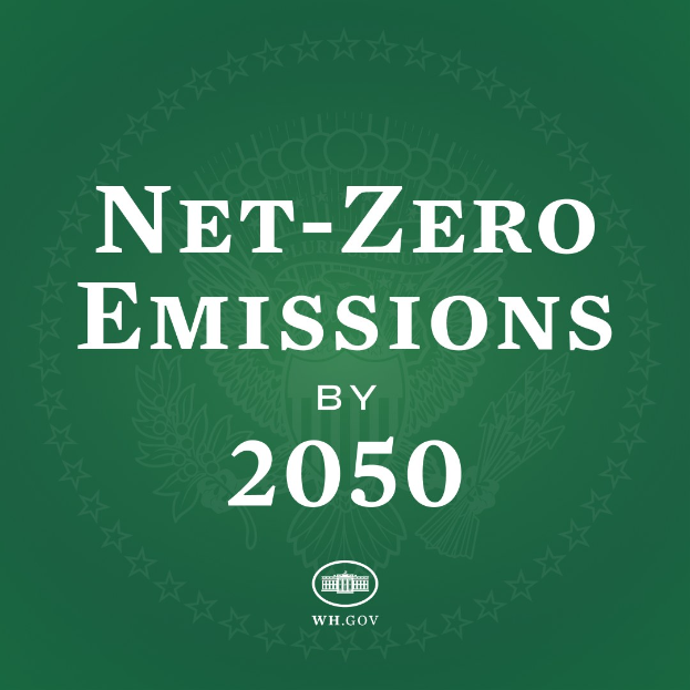 Weißer fetter Text auf einem grünen Hintergrund, der "netto-null-Emissionen bis 2050" zeigt.