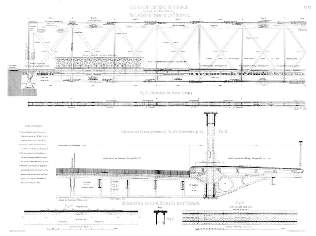 Detailiertes Brücken-Drawing mit Text, einschließlich einer Darstellung der Kaiserbrücke in Bremen.