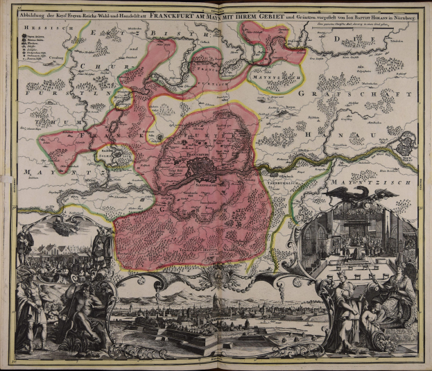 Ein altes Buch mit einer zentralen Deutschlandkarte umgeben von Illustrationen und Text, das einen klassischen und zeitlosen Look hat.