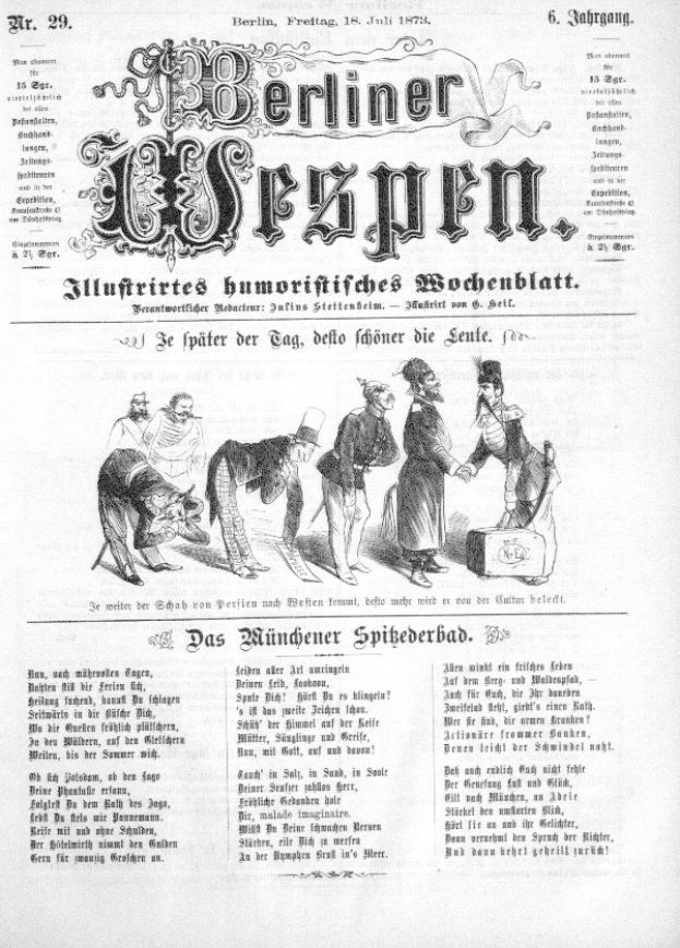 Eine alte Zeitung, die 'Berliner Wespn' aus dem Juli 1873, zeigt eine Karikatur eines besorgten Mannes mit Zylinder und einer Frau in einem Kleid.