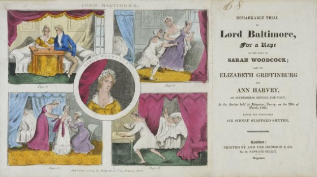 Ein historisches Dokument, das einen Prozess von Lord Baltimore wegen angeblicher Vergewaltigung zeigt, einschließlich Illustrationen von Menschen und Text.