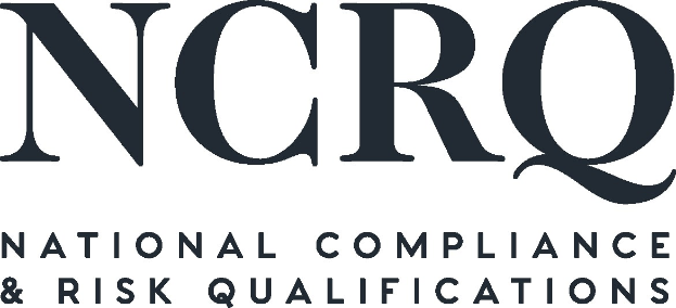 Weißer Hintergrund mit zentralem fetten schwarzen Text "National Compliance & Risk Qualifications" in einer modernen, professionellen Schriftart, umgeben von einem dünnen schwarzen Rand.