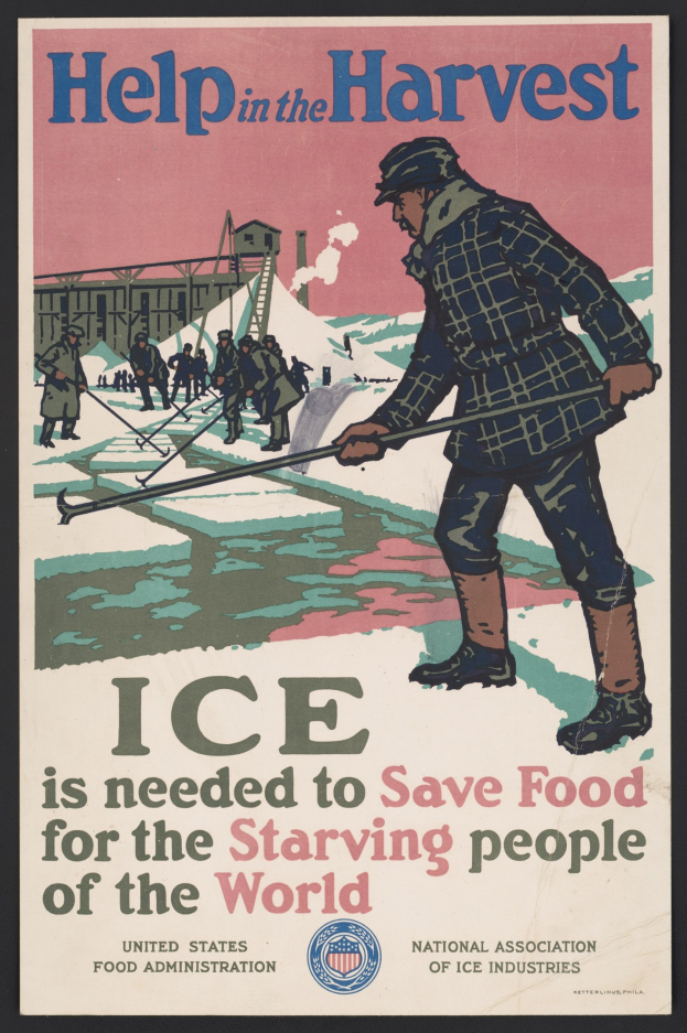 Plakat mit einer Person in einem weißen Hemd und blauen Jeans, die in einem verschneiten Feld mit entschlossener Miene steht, umgeben von fettem schwarzem Text, der "Hilfe bei der Ernte - Eis ist nötig, um Lebensmittel für die hungernden Menschen der Welt zu retten" gegen einen hellblauen Himmel liest.