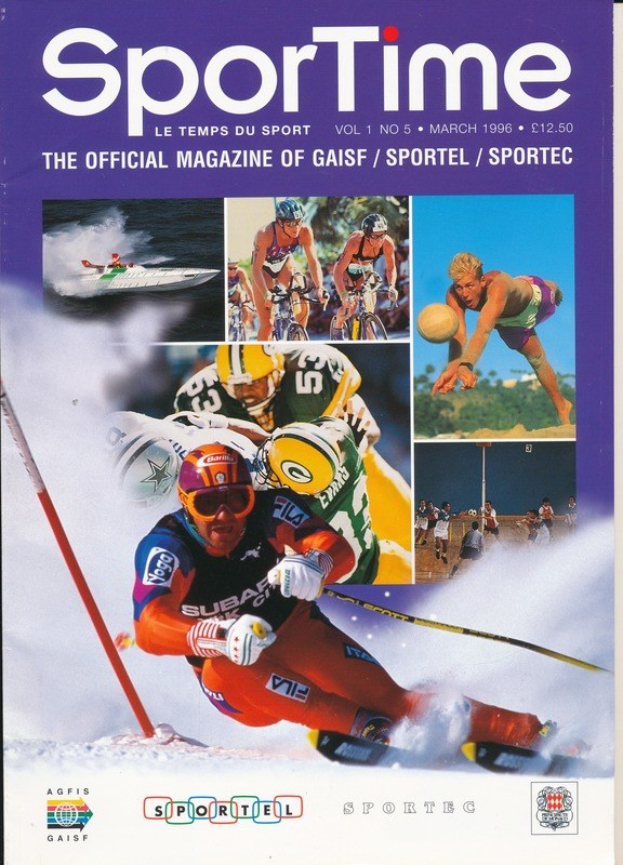 Ein Magazincover mit der Aufschrift "Sporttime Magazine - März 1996" mit Bildern von Menschen beim Skifahren und Snowboarden sowie Text und Logos.
