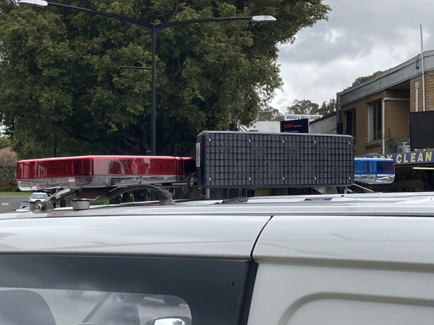Polizeiauto mit blinkenden Lichtern auf einer Straße neben Gebäuden und Bäumen geparkt, mit Texttafeln und Strommasten im Blickfeld, unter einem bewölkten Himmel.