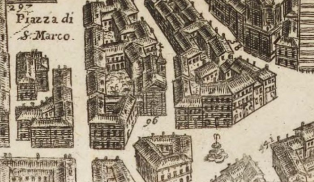 Eine handgezeichnete Stadtansicht mit mehreren Gebäuden verschiedener Architekturstile und handgeschriebenem Text auf dem Papier.