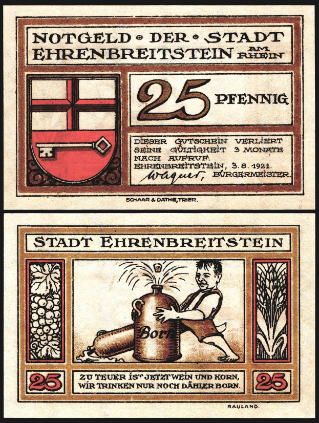 Alte deutsche Banknote mit einem Mann in weißem Hemd und blauem Hut, der eine Bierflasche hält, mit Text einschließlich des Wortes "Beer" und einem gekrönten Schild-Logo.
