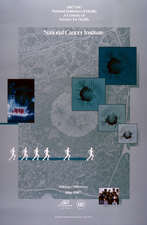 Buntes Plakat für das National Cancer Institute mit blauem Hintergrund und weißer Schrift, das einen Kreis aus überlappenden, lächelnden Bildern von verschiedenen Menschen um den fetten, großgeschriebenen Titel zeigt.