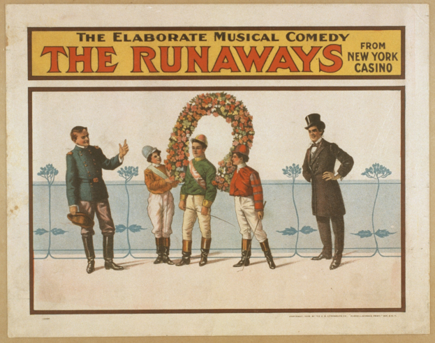 Plakat für 'Elaborate Musical Comedy Runaways' aus New York Casino, das eine Gruppe von Menschen in einer Reihe zeigt, wobei einer einen Blumenstrauß hält und Text, der die Komödie beschreibt.