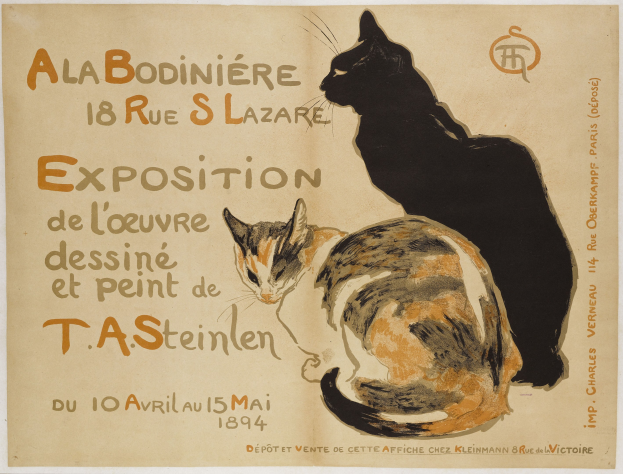 Zwei Katzen, eine schwarz und eine weiß, sitzen nebeneinander auf einem weißen Hintergrund auf einem Plakat, das eine Katzenschau in Paris, Frankreich, ankündigt.