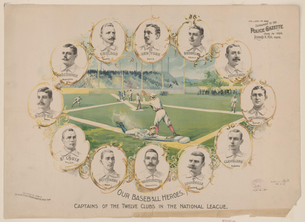 Plakat mit einer Gruppe von Baseball-Spielern auf einem Feld mit einer Menge, Bäumen und einem klaren blauen Himmel, betitelt "Unsere Baseball-Helden, Kapitäne der zwölf Clubs in der Nationalen Liga."