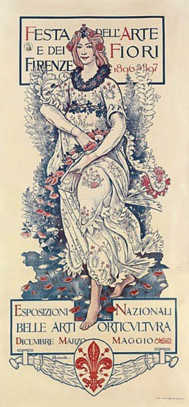 Plakat für ein italienisches Festival, das eine Frau in einem weißen, hochgeschlossenen, langärmligen Kleid mit einem Dutt zeigt, vor einem hellblauen Hintergrund mit fetter schwarzer Schrift.