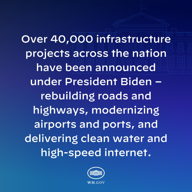 Blauer Hintergrund mit weißer Schrift, die "über 40.000 Infrastrukturprojekte landesweit unter Präsident Biden angekündigt" und ein Logo unten.