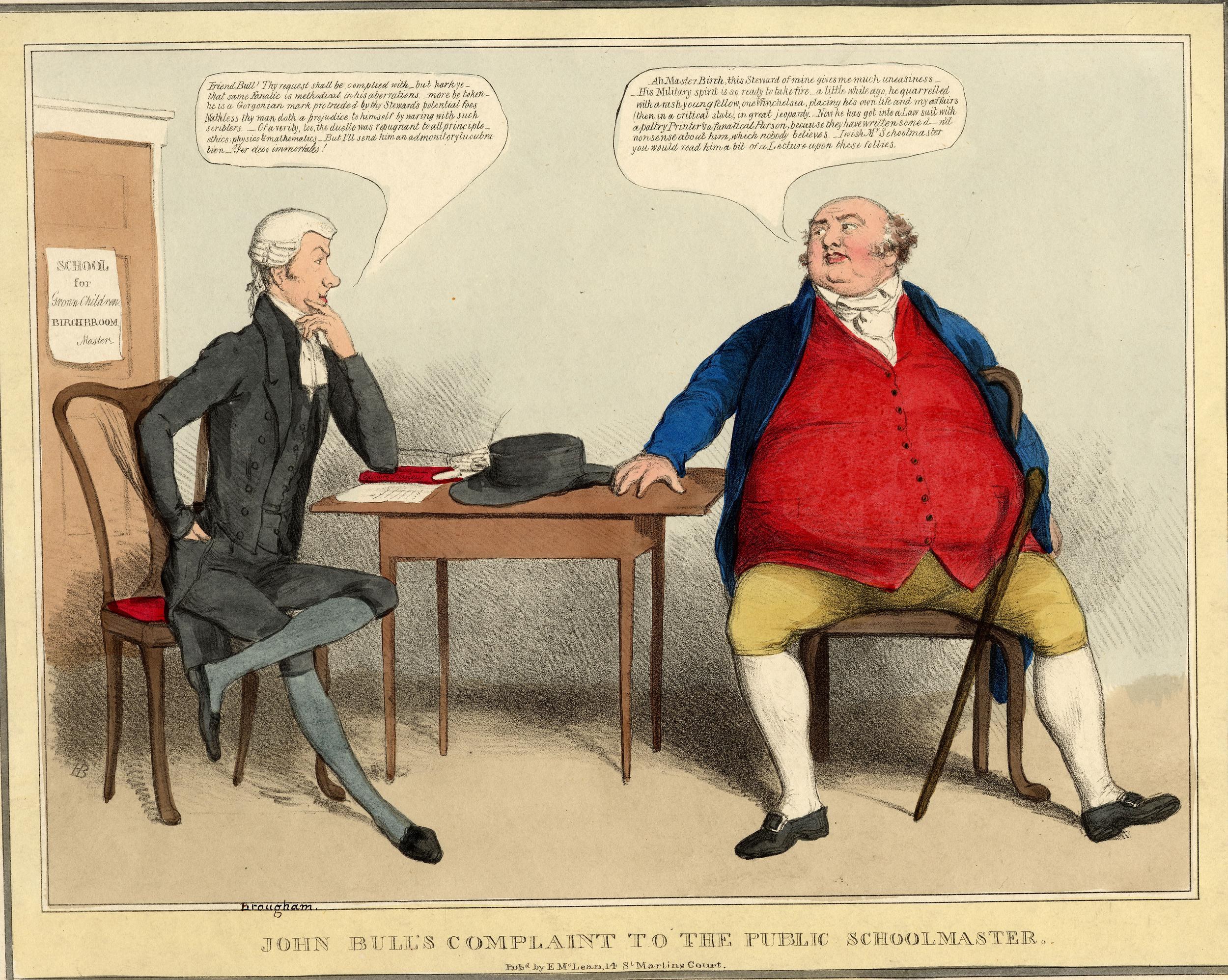 John Bull steht einem sitzenden Lehrer über einen Tisch mit einem Hut und Papieren gegenüber, während eine weitere Person in der Nähe sitzt; im Hintergrund sind eine Tür und ein Papier an der Wand zu sehen.