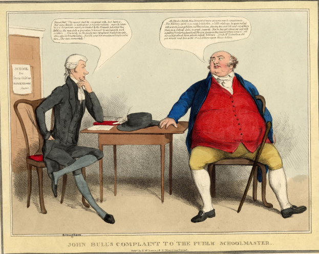 John Bull steht einem sitzenden Lehrer über einen Tisch mit einem Hut und Papieren gegenüber, während eine weitere Person in der Nähe sitzt; im Hintergrund sind eine Tür und ein Papier an der Wand zu sehen.